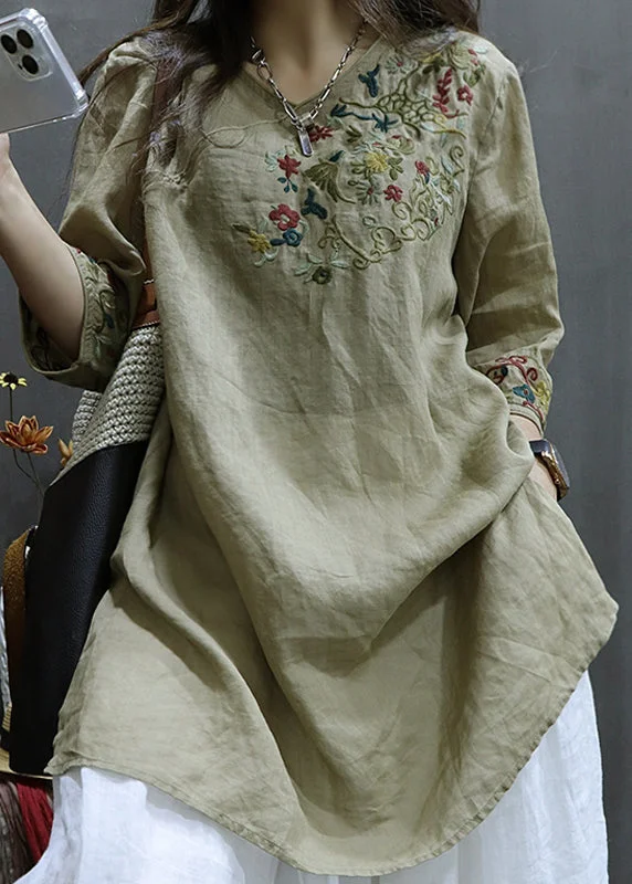 Retro Khaki V Neck Embroideried Linen Shirt Tops Half Sleeve