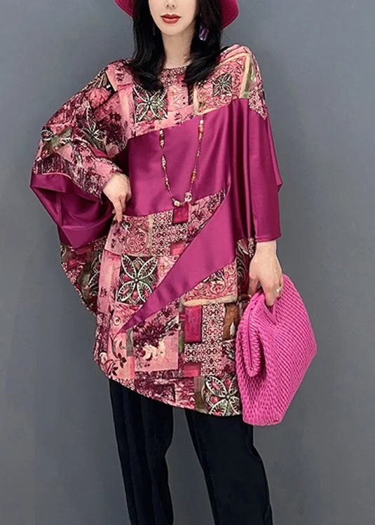 Women Red O-Neck Print Patchwork Top Batwing Sleeve