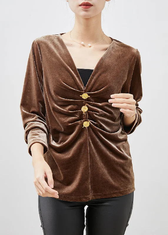 Coffee Silm Fit Silk Velour Shirt Top V Neck Wrinkled Spring