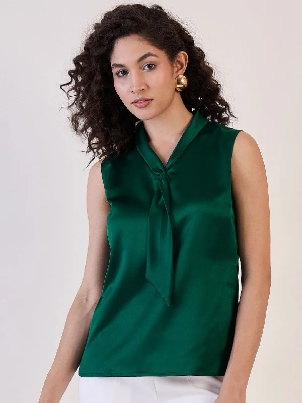 Green Satin Tie Collar Neck Top