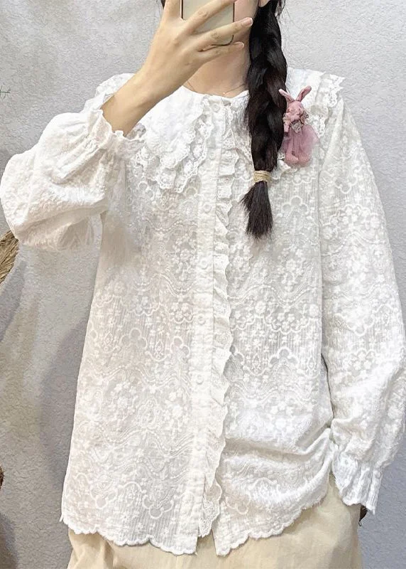 Simple White Ruffled Button Lace Shirt Long Sleeve