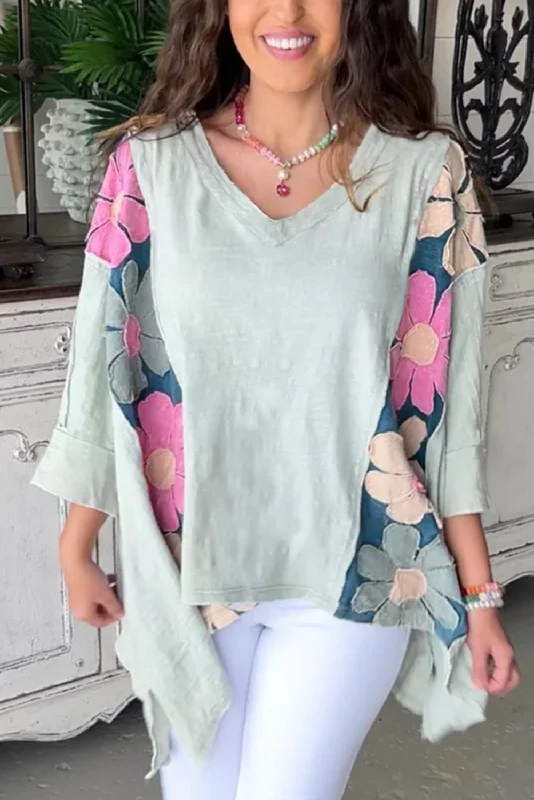 Green Patchwork 60s Floral V Neck Bracelet Sleeve Oversized Top Athletic Women's High - 