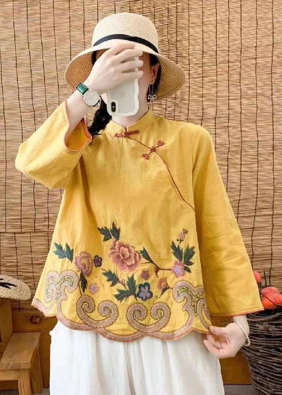 Retro Yellow Stand Collar Embroideried Cotton Shirts Spring