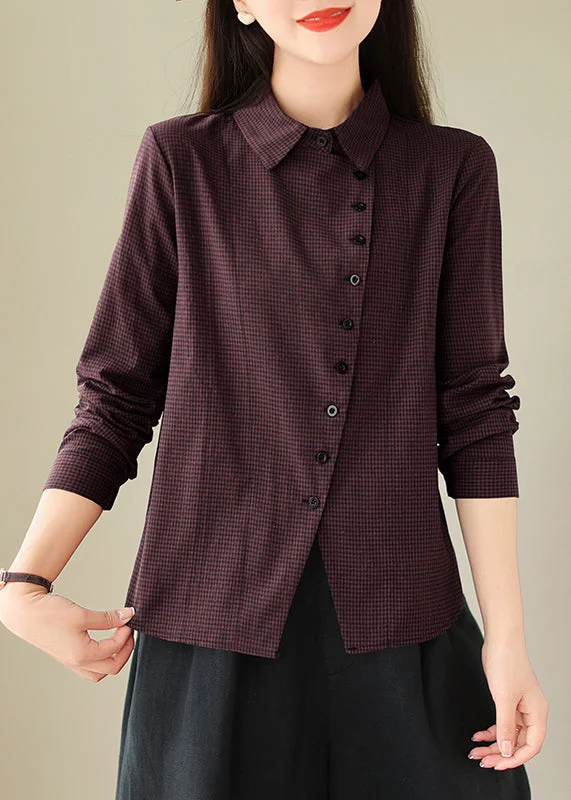 Casual Dull Red Peter Pan Collar Plaid Button Cotton Shirt Spring