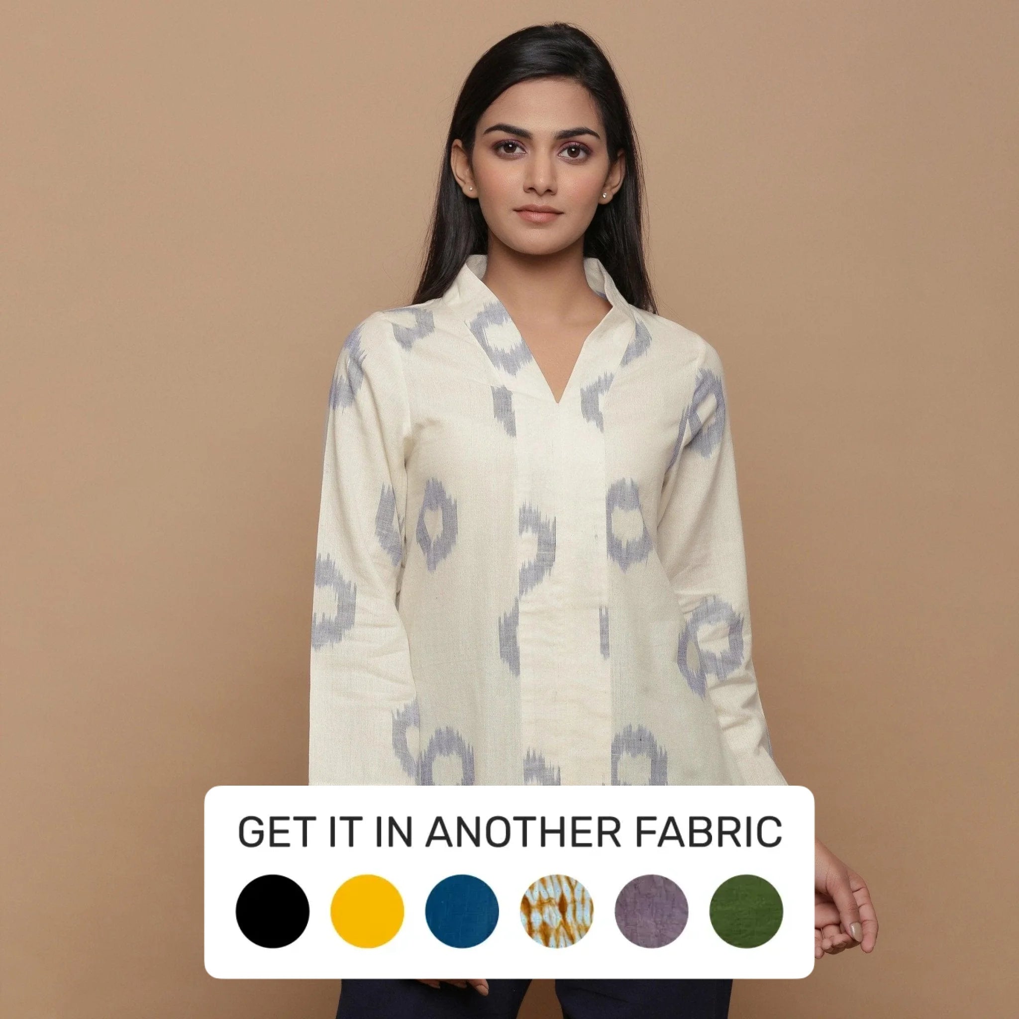 Blue Handwoven Ikat Cotton V-Neck Tunic Top Practical Women's Quick - dry