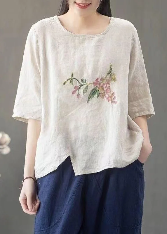 Loose Linen O Neck Print Linen T Shirt Half Sleeve