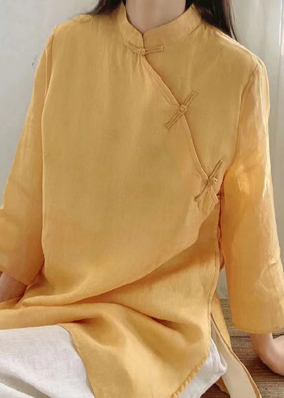 Vintage Yellow Stand Collar Button Cotton Shirt Tops Spring