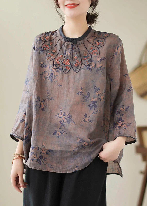 Vintage Dark Purple Embroidered Print Linen Tops Spring