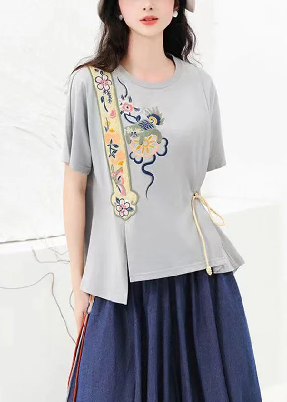 Grey Original Design Cotton T Shirt O Neck Embroideried Summer