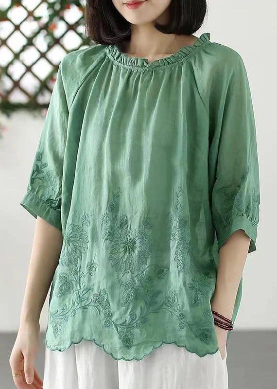 Green Versatile Linen T Shirts Ruffled Embroideried Half Sleeve