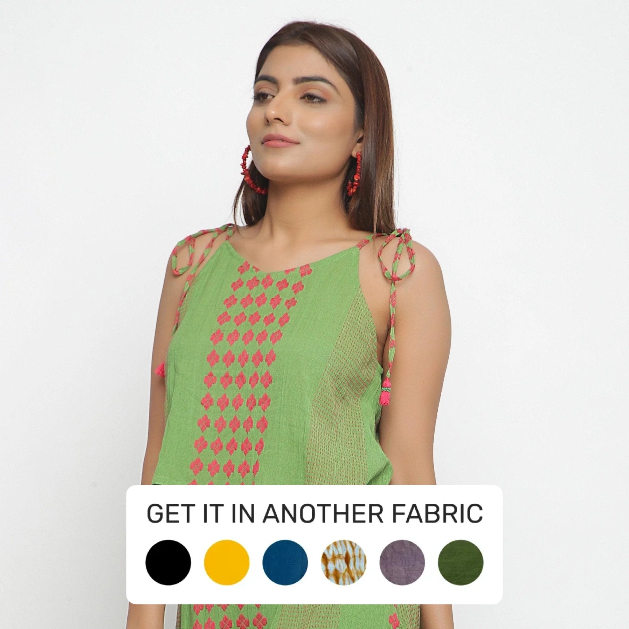 Green Yarn Dyed Crinkled Cotton Tie-Up Shoulder Crop Top Elegant Women's 