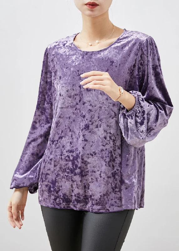 Fine Purple O-Neck Oversized Silk Velour Shirts Spring