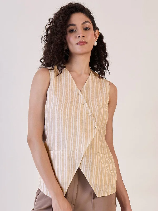 Beige Stripe Sleeveless Vest Top