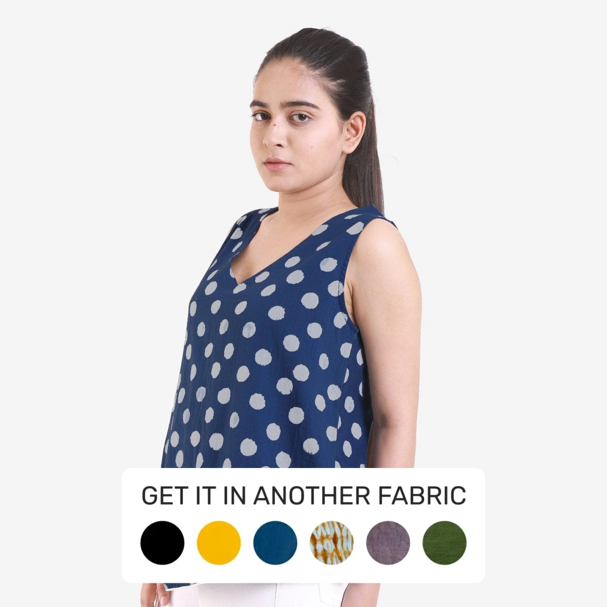 Indigo Polka Dot Block Printed Asymmetrical Cotton Top Confident Women's Power