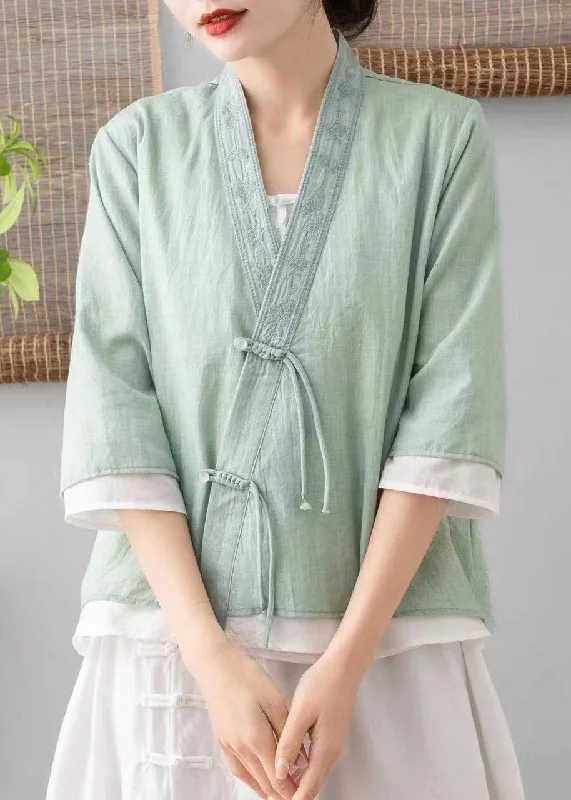 Vintage Green V Neck Embroideried Tasseled Linen Cardigans Spring