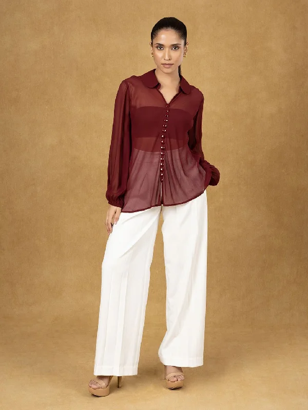 Maroon Solid Button Top