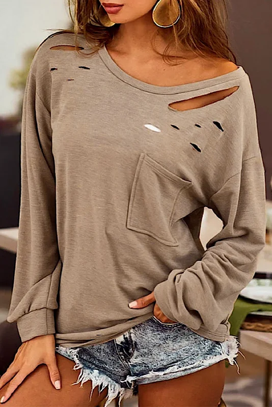 Khaki Casual Distressed Pocket Long Sleeve Top Classic Women's Tweed
