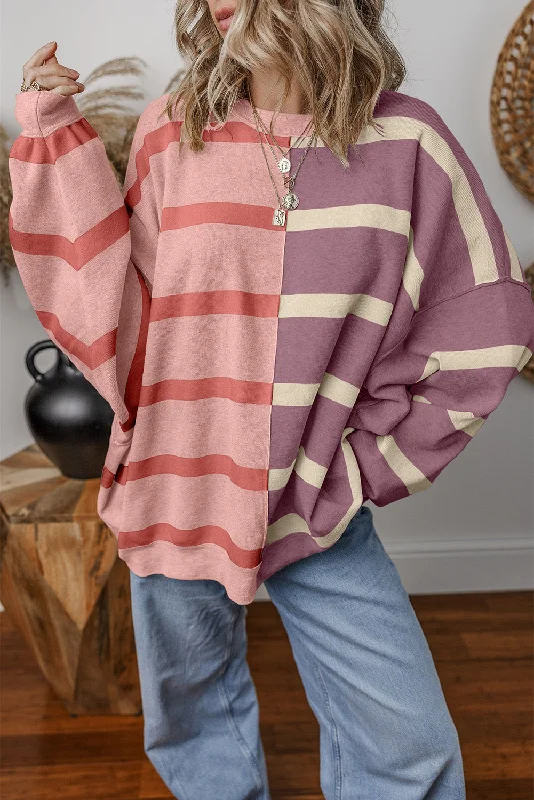Pink Striped Colorblock Drop Shoulder Sweater Feminine Women's Soft 