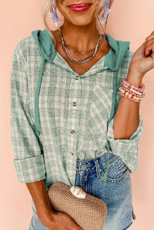 Green Checkered Print Hooded Patchwork Loose Fit Shacket Dynamic Women's High - energy