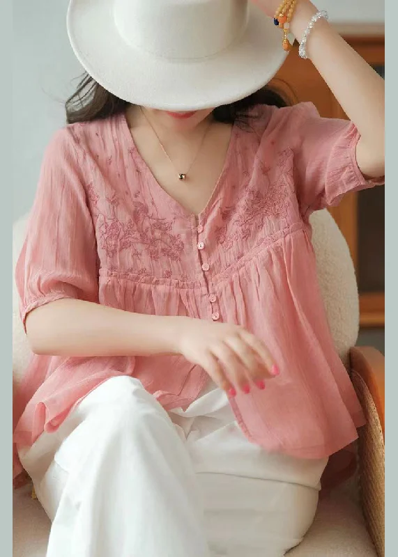 Boutique Pink V Neck Embroideried Linen Shirts Half Sleeve