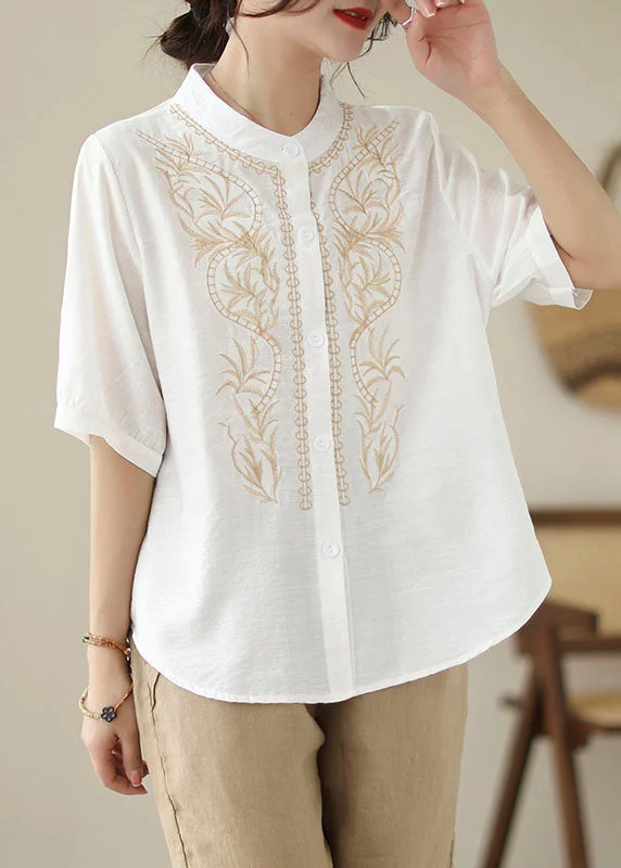 White Solid Patchwork Cotton Blouses Stand Collar Summer