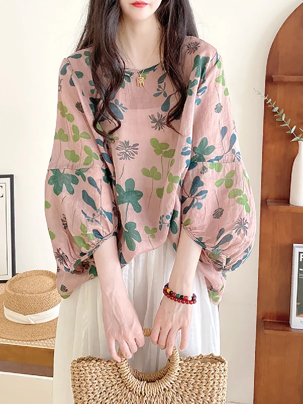 Women Summer Artsy Flower Loose O-Neck Shirt