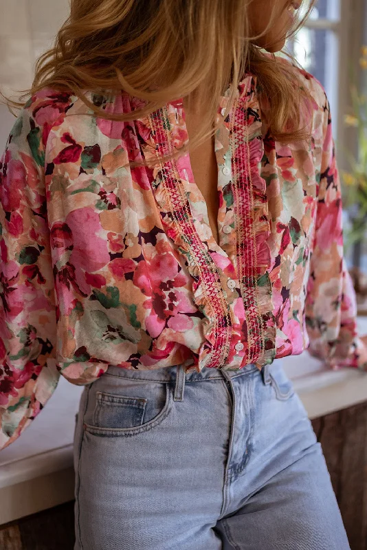 Red Floral Print Frill Stitch Buttoned Loose Fit Shirt Relaxed Women's Beachy