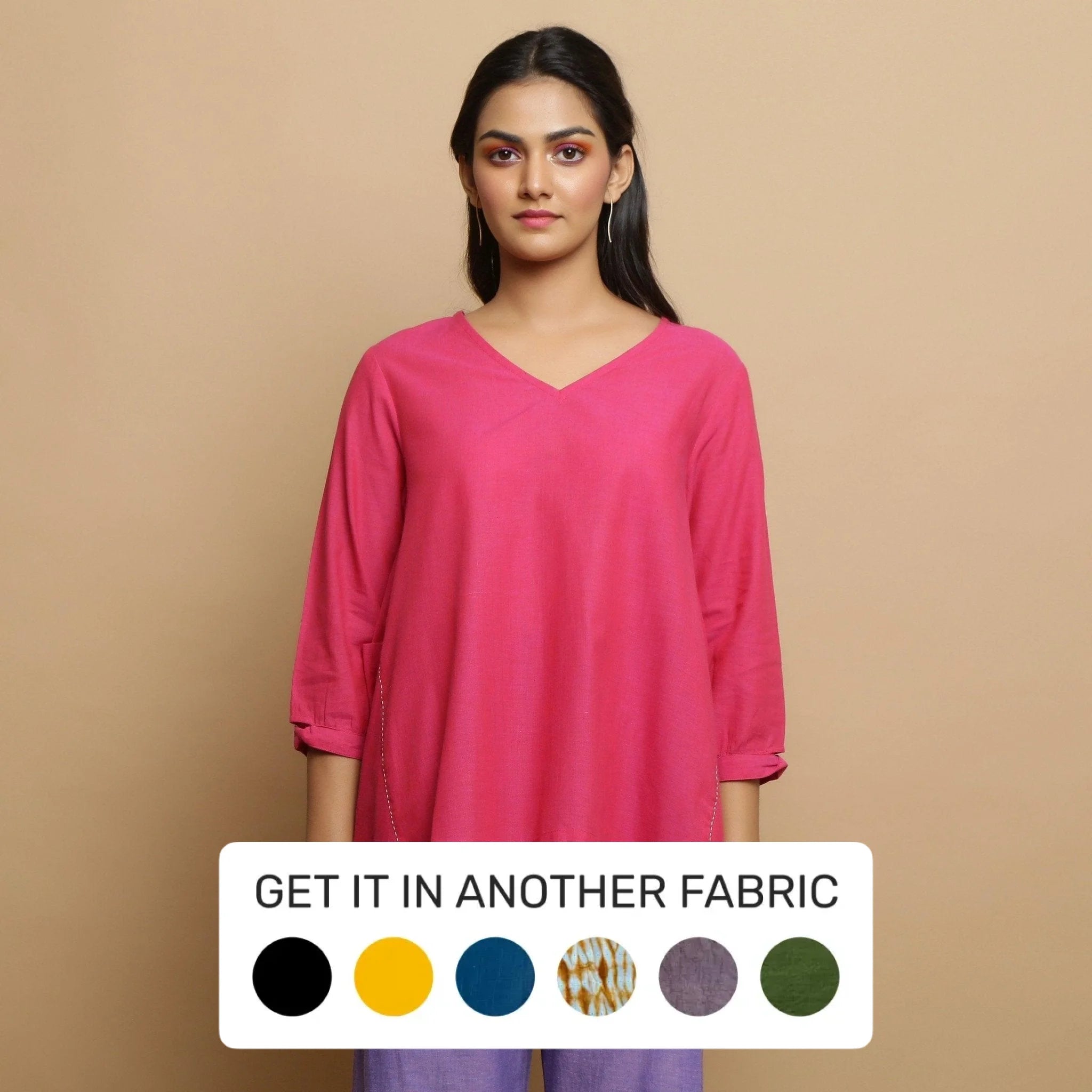 Magenta Mangalgiri Cotton V-Neck Godet Flared Top Casual Women's Loose - fitting