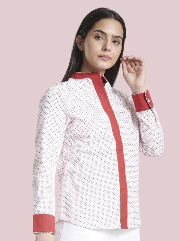 Mandarin Collar Cotton Shirt - White and Red