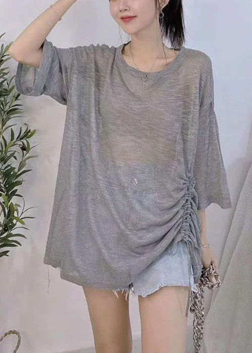 Plus Size Light Grey O Neck Lace Up Ice Silk Knit T Shirt Summer