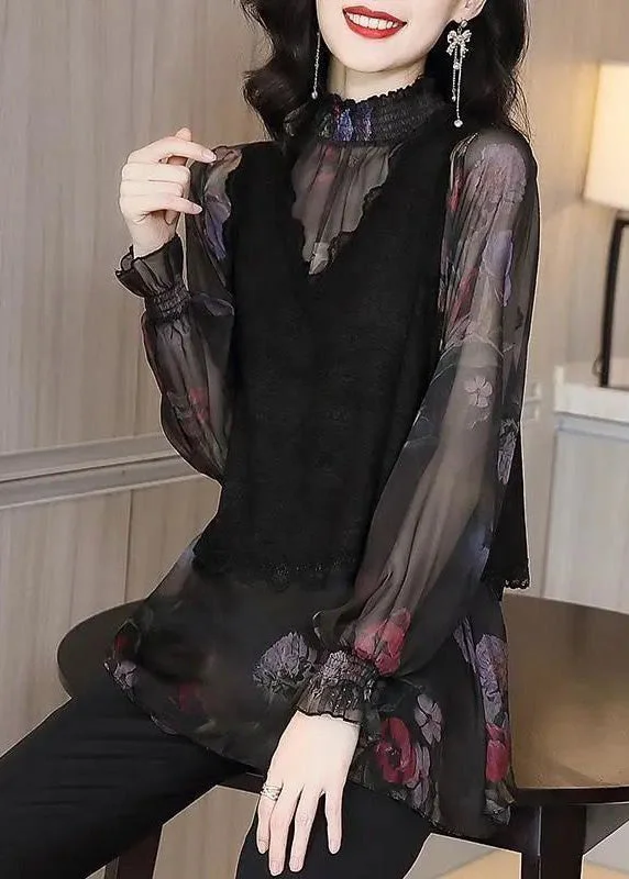 French Black Print Lace Patchwork False Two Pieces Top Long Sleeve