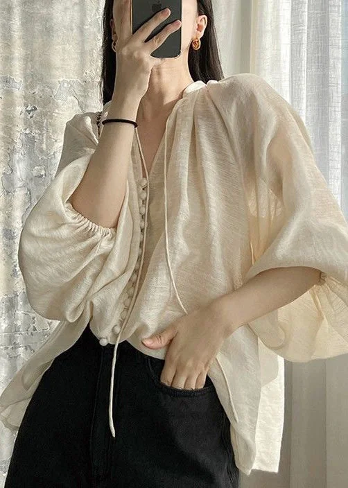 Loose Lace Up Button Patchwork Cotton Shirt Lantern Sleeve