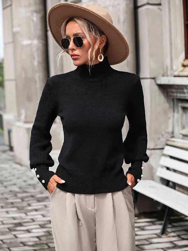 Mock Neck Ribbed Lantern Sleeve Pullover Sweater Stylish Women's Tropical 