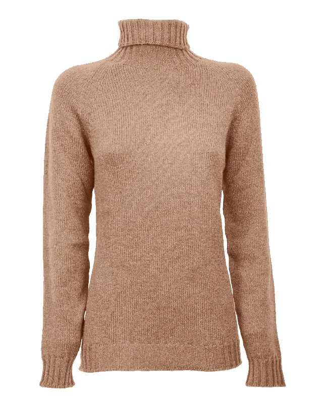 NEW FALL 24 - Women's Cashmere Raglan Sleeve Turtleneck Sweater Camel by Monticelli Cashmere Rugged Women's Outdoor 