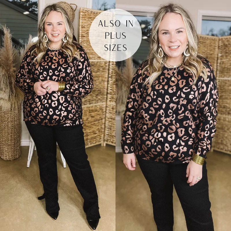 Trend Spotter Rose Metallic Leopard Print Sweater with Zipper Detail in Black Classic Women's Tweed