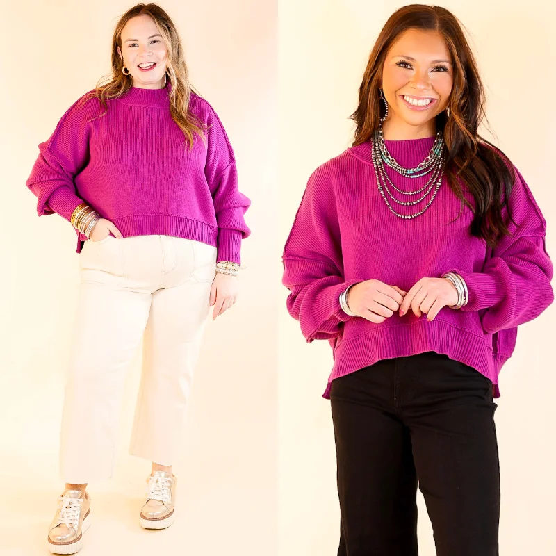 Fireside Fit Cropped Long Sleeve Mock Neck Sweater in Plum Purple purpose