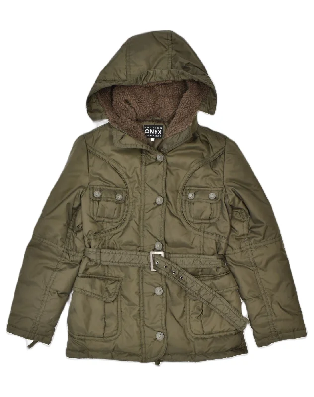 ONYX Womens Hooded Utility Jacket UK 12 Medium Khaki Nylon Classic Traditional Women's Wool