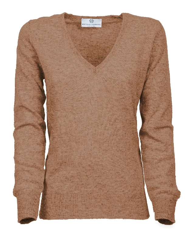 NEW FALL 24 - Women's Pure Cashmere V-Neck Sweater Camel by Monticelli Cashmere performance