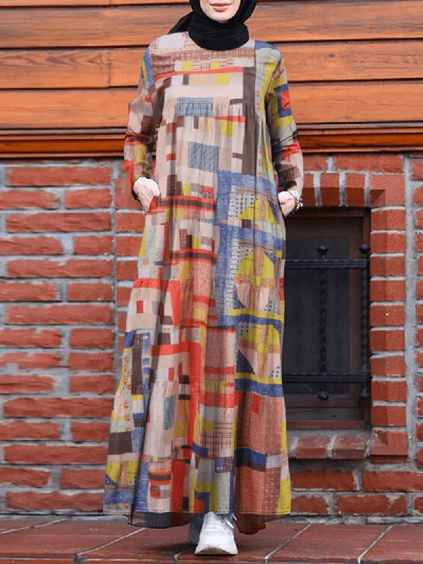 Women Abstract Print Tiered Vintage Robe Long Sleeve Maxi Dresses with Pocket