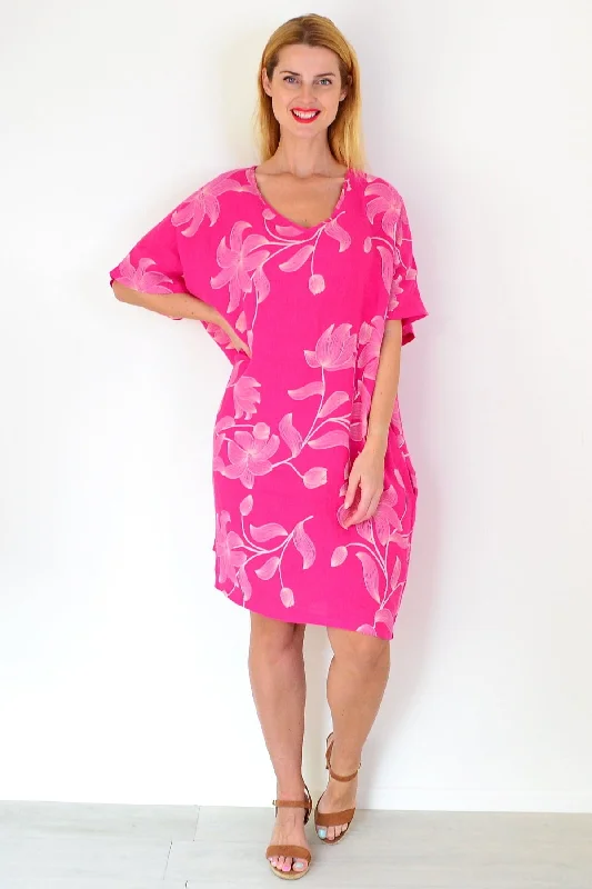 Pink Embroidery Print Linen Dress