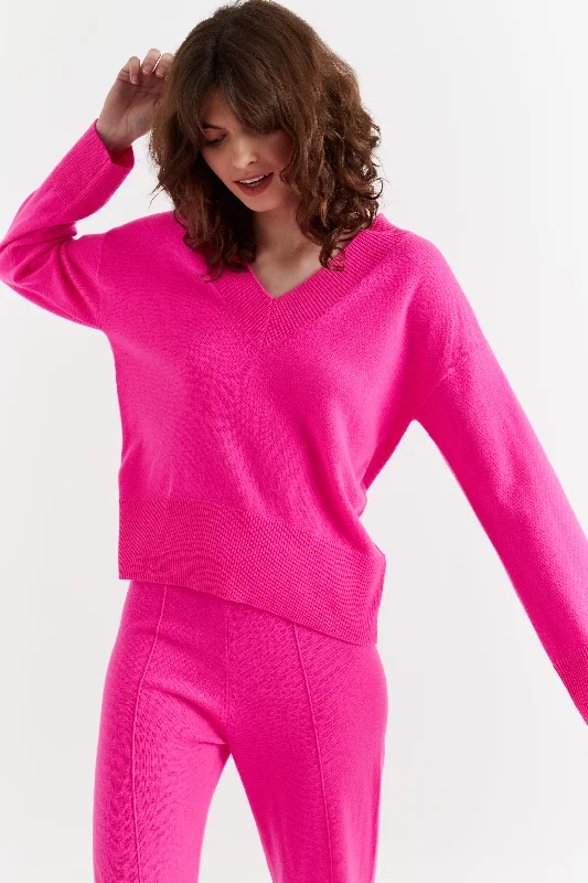 Fuchsia Wool-Cashmere V-Neck Sweater Stylish Women's Tropical 