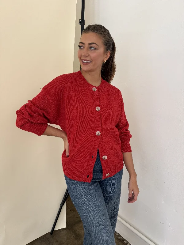 Millie Red Knit Buttoned Cardigan Sweater Modern Women's Tech