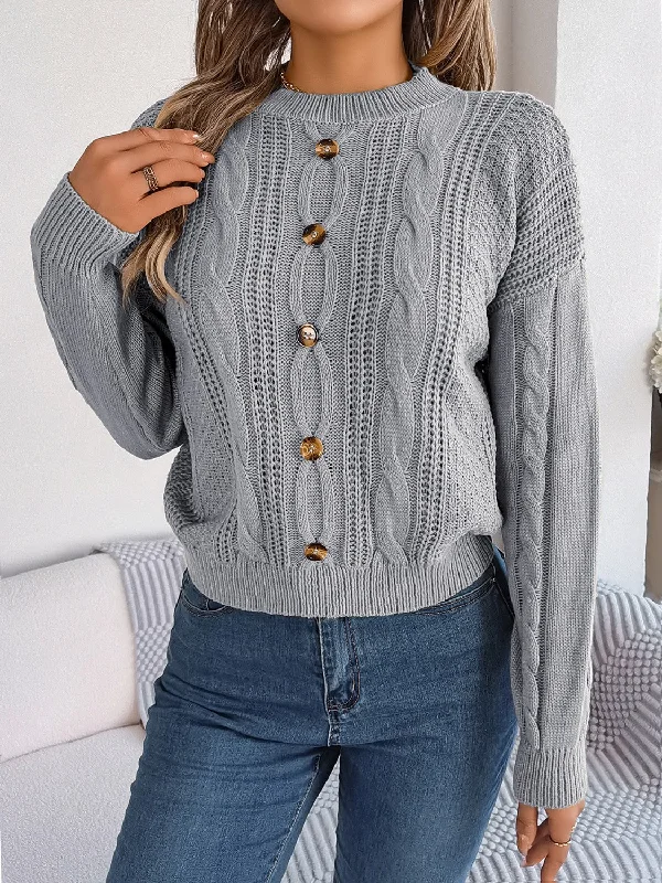 Cable-Knit Buttoned Round Neck Sweater Hip Women's Retro