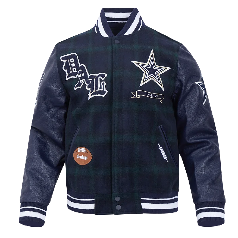 NFL DALLAS COWBOYS PRO PREP PLAID WOOL MEN'S VARSITY JACKET (FOREST GREEN/MIDNIGHT NAVY)