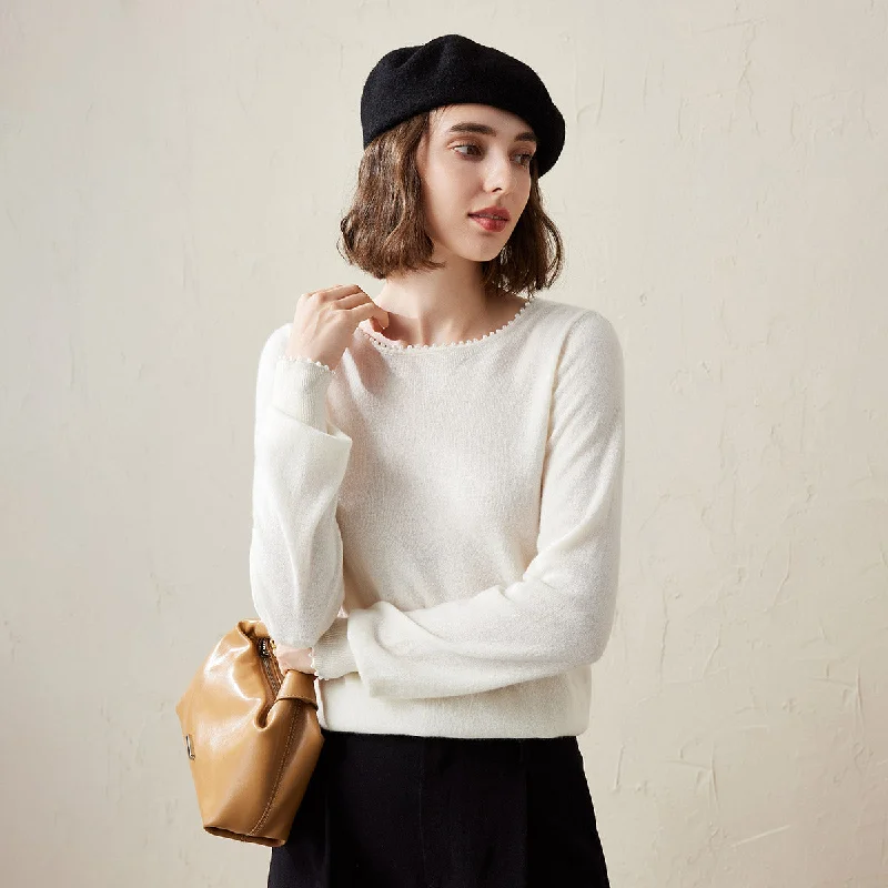 100% Cashmere Elegant Pearl-Trimmed Knit Sweater Refined Women's Hand - crafted