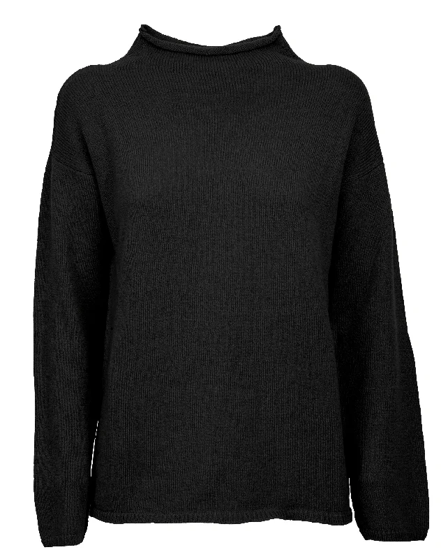 NEW FALL 24 - Women's Woold & Cashmere Wide Funnel Neck Sweater Black by Monticelli Cashmere Modern Women's 