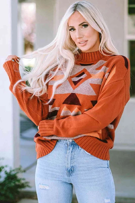 Geometric Mock Neck Sweater Cozy Women's Winter