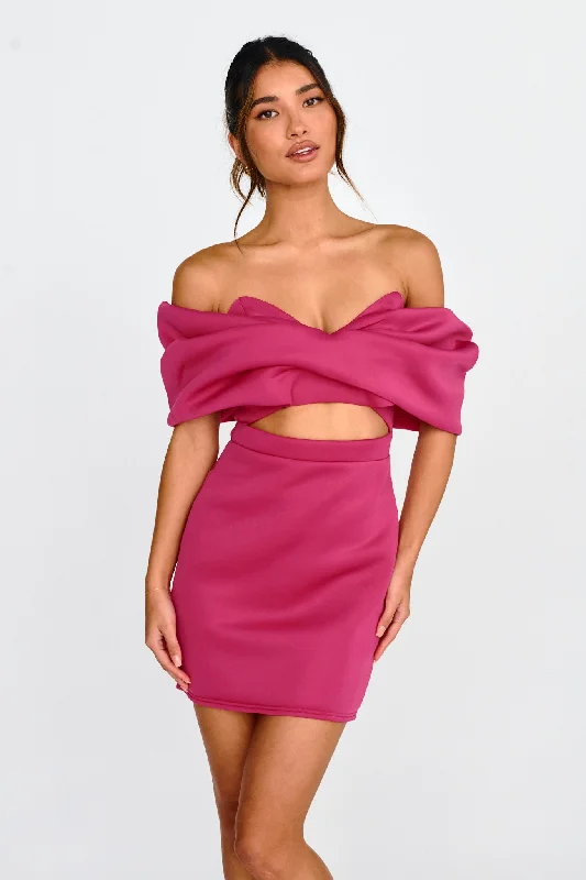Lucky Star Off Shoulder Cut-Out Mini Dress Fuchsia Casual Women's Japanese 