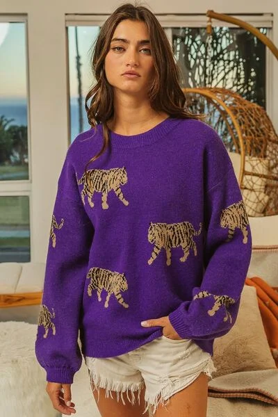 BiBi Tiger Pattern Long Sleeve Sweater Relaxed Women's Beachy