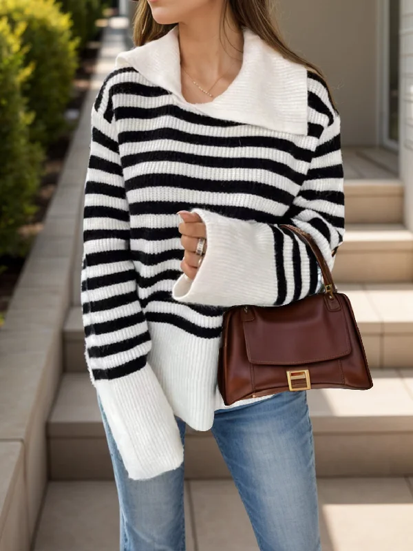 Striped Collared Neck Long Sleeve Sweater Dynamic Women's Moto